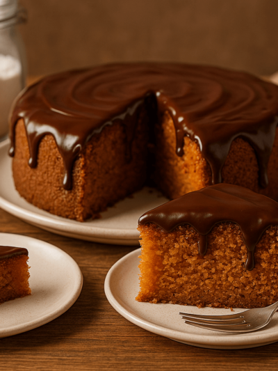 Bolo de Cenoura com Cobertura de Chocolate Cremosa.
