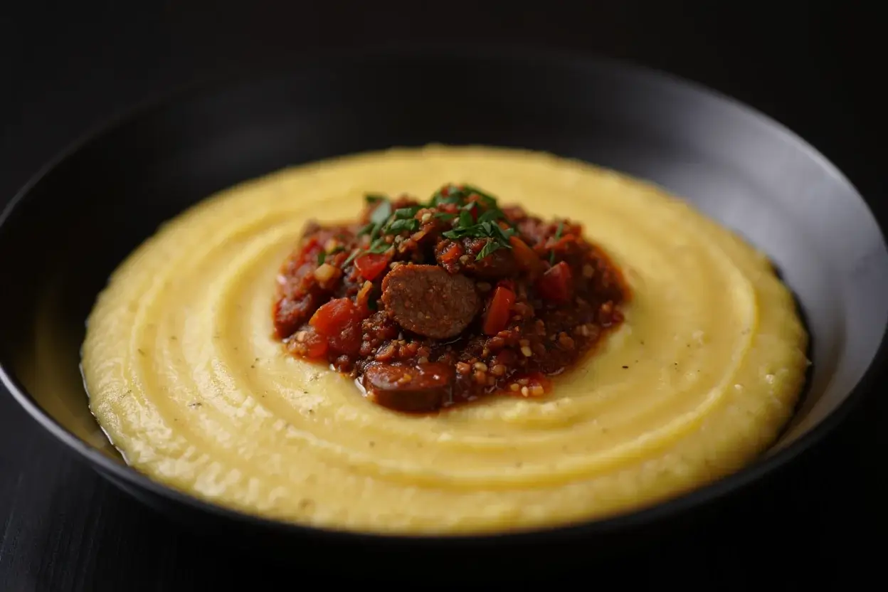 Polenta cremosa com ragu de linguiça